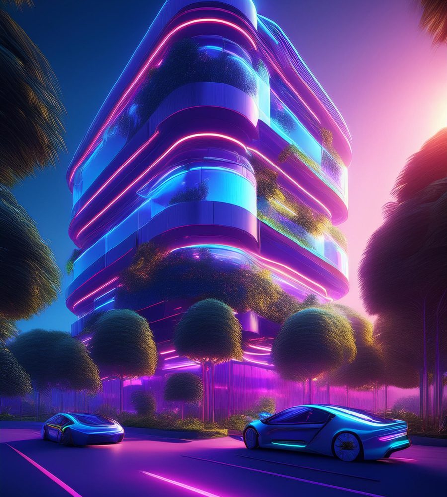 Big building surrounded by plants and trees and electric cars Big building surrounded by plants and trees and electric cars