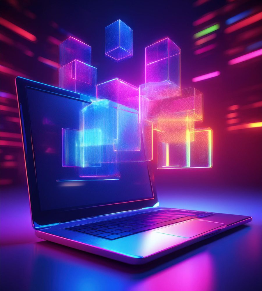 desktop with a laptop on it, floating windows in the foreground desktop with a laptop on it, floating windows in the foreground