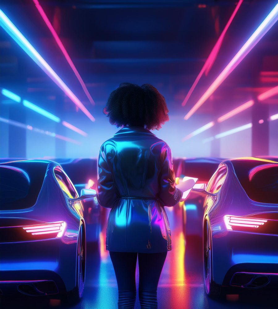 Futuristic cars in a car park a woman from behind with a tablet Futuristic cars in a car park a woman from behind with a tablet